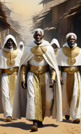 7 African Ancestors With White Hair Wearing White Cloaks Walking