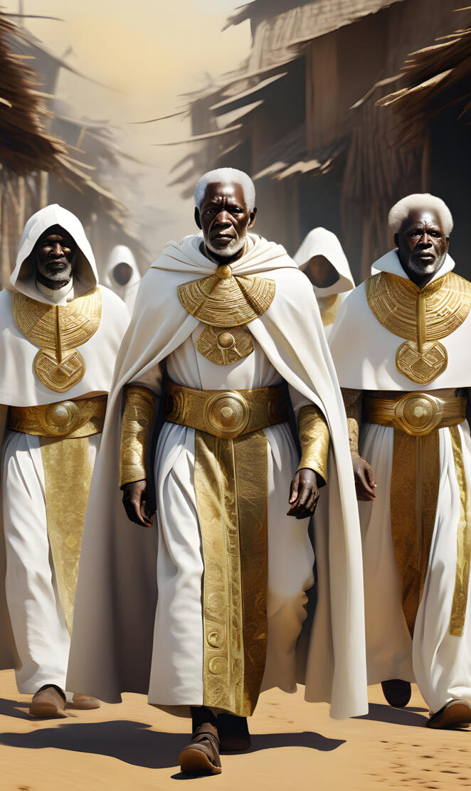 7 African Ancestors With White Hair Wearing White Cloaks Walking