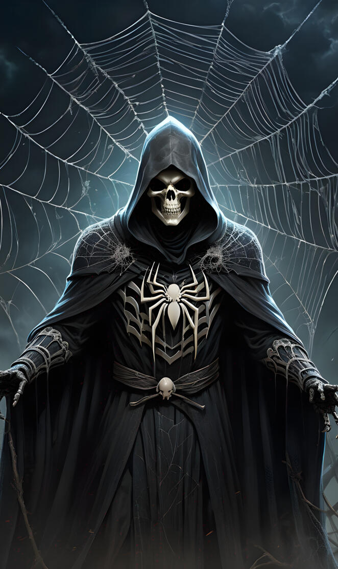 Grim Reaper wearing a spider web cloak