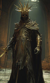 full body establishing shot of a cloaked undead warrior