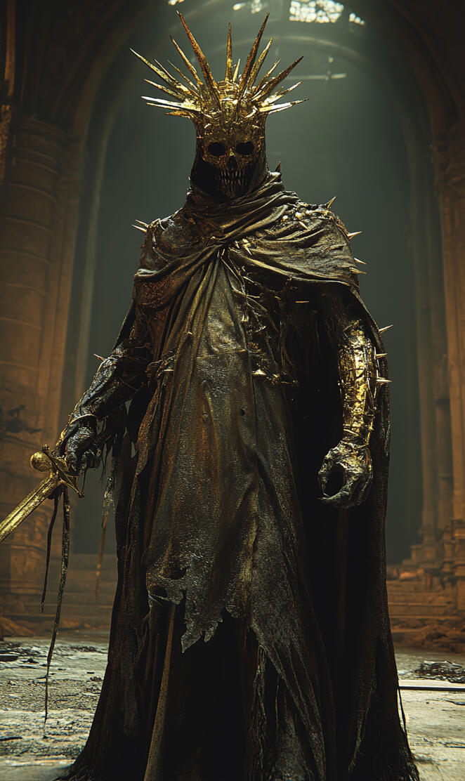 full body establishing shot of a cloaked undead warrior