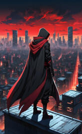 Cloaked figure on a rooftop above a city
