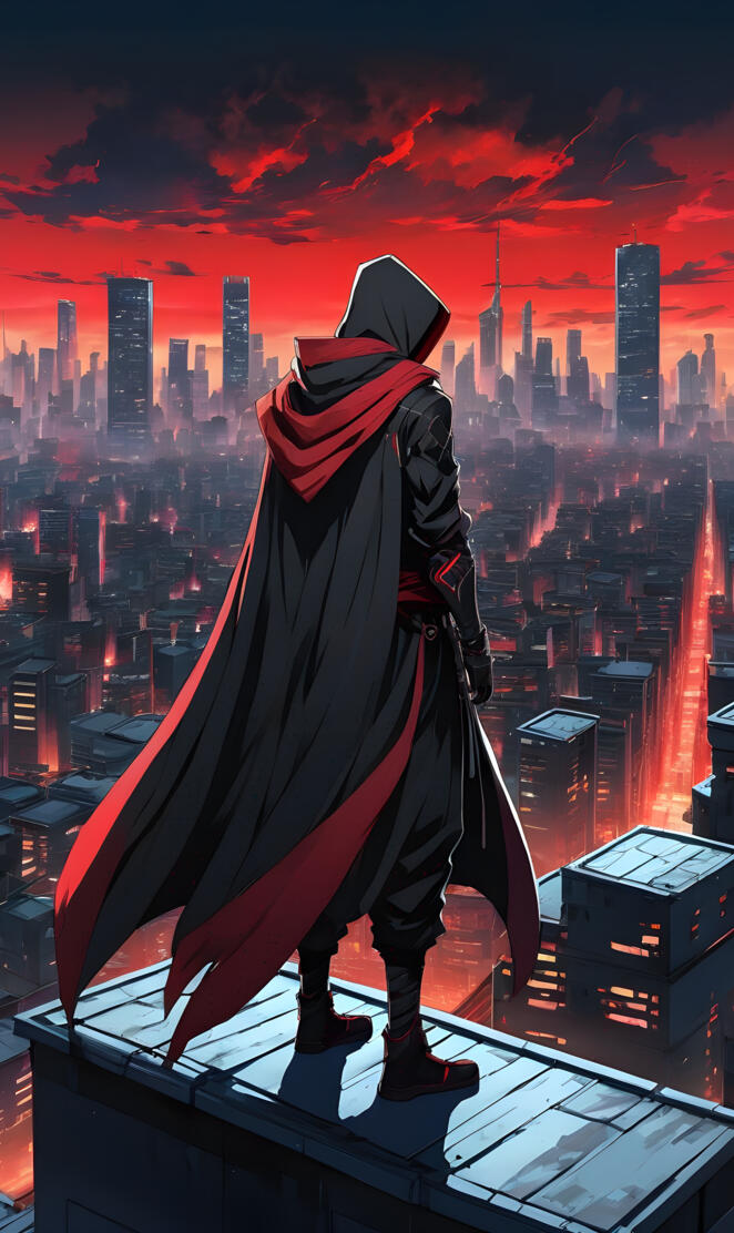 Cloaked figure on a rooftop above a city