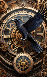a watchful raven cloaked in shadows above a timepiece