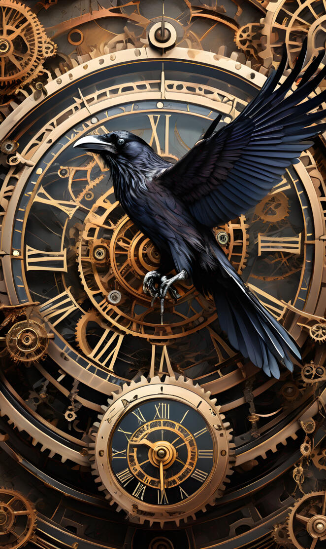 a watchful raven cloaked in shadows above a timepiece