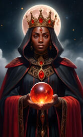 Brown Skinned Queen With Eyes Of Fire Wearing A Black Cloak.