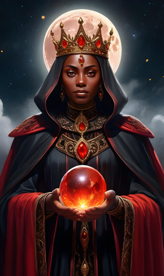 Brown Skinned Queen With Eyes Of Fire Wearing A Black Cloak.
