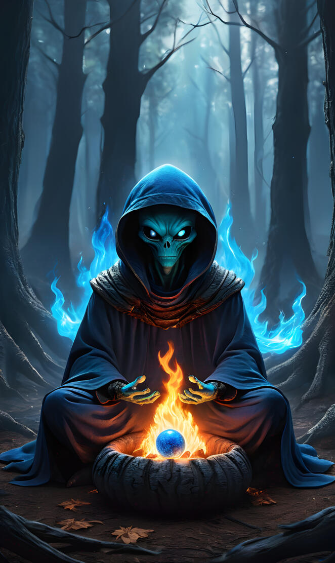 Blue Alien in Forest meditate 3