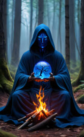 a person in a blue robe and head covering sitting by a fire