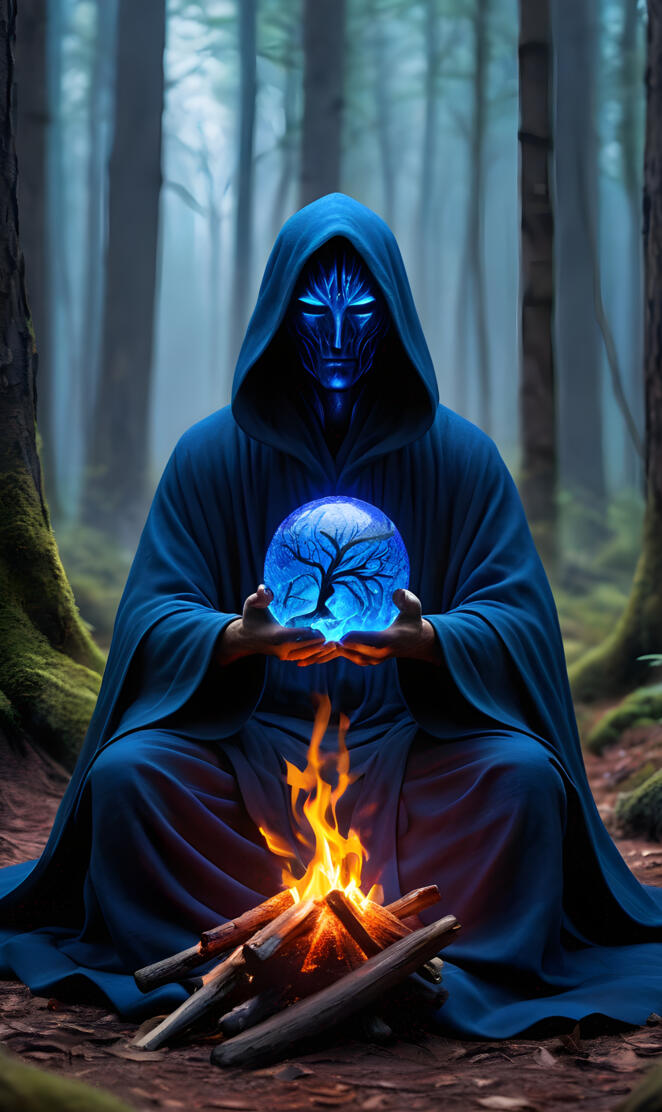 a person in a blue robe and head covering sitting by a fire