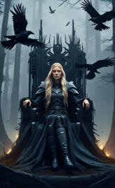 a person in a black cloak with wings and a cape with birds flying