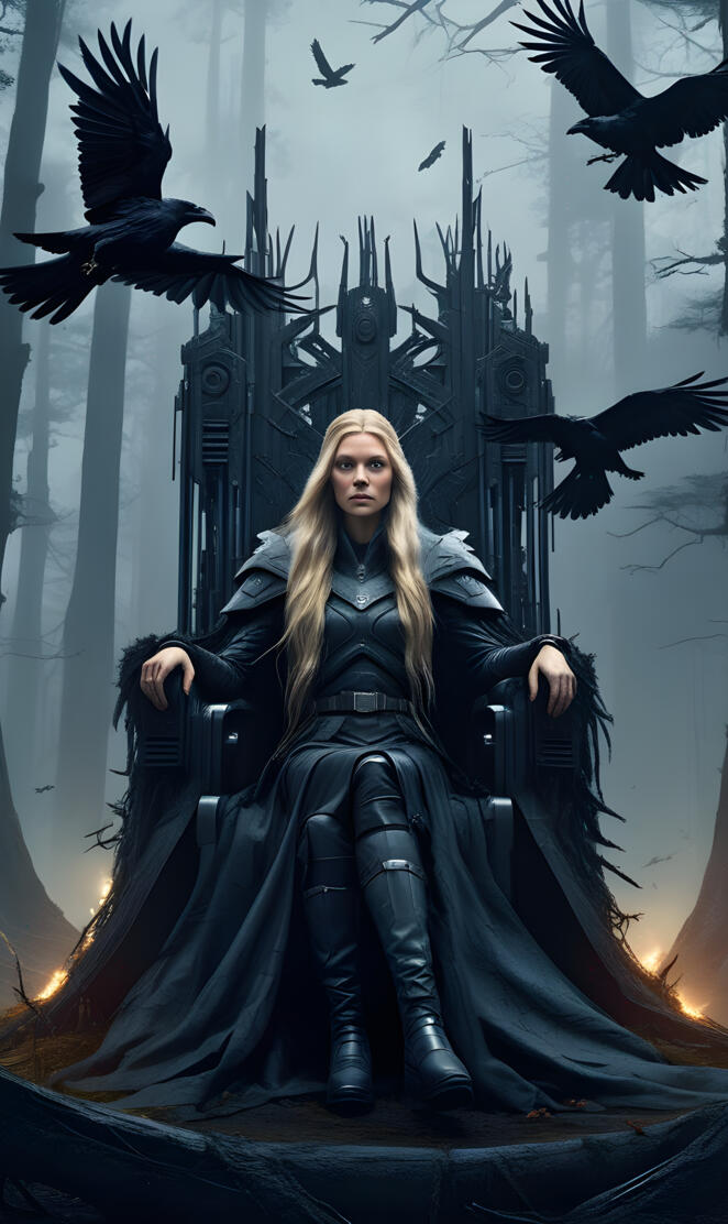 a person in a black cloak with wings and a cape with birds flying