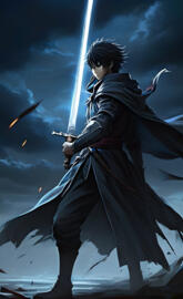 a person in a garment holding a sword