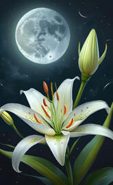 a white flower with a moon in the background