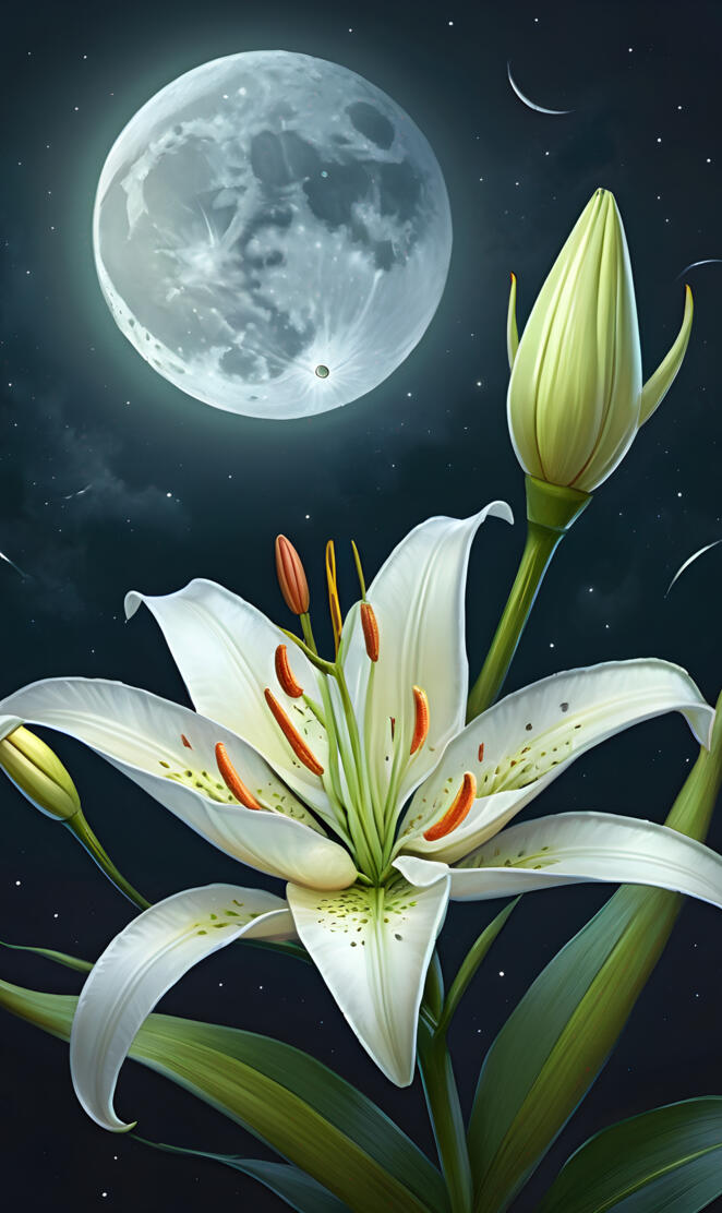 a white flower with a moon in the background