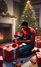 Miles Morales wrapping christmas presents