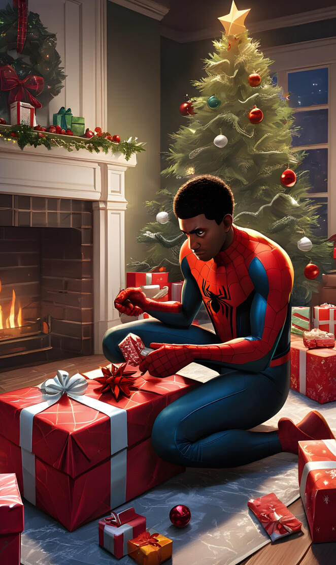 Miles Morales wrapping christmas presents