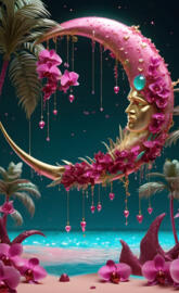 crescent moon wrapped in orchids