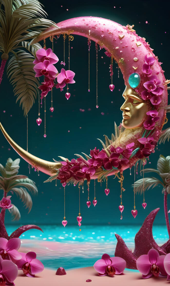 crescent moon wrapped in orchids