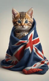 a kitten in a UK flag blanket