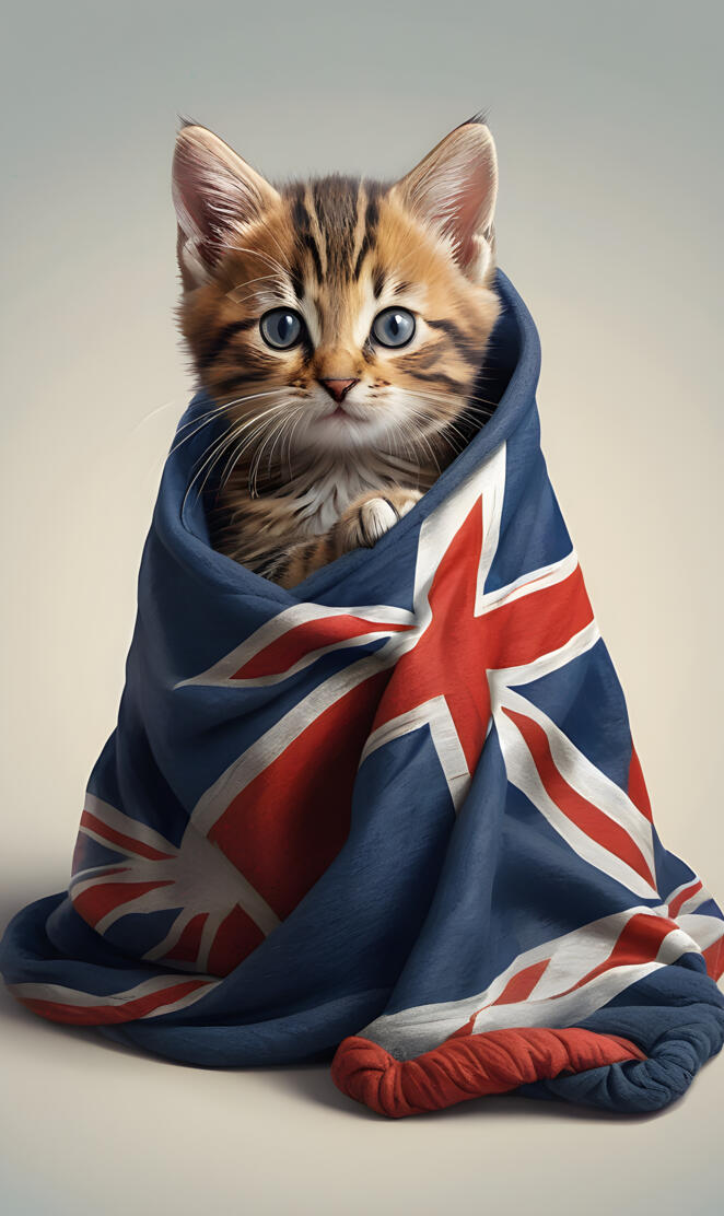 a kitten in a UK flag blanket