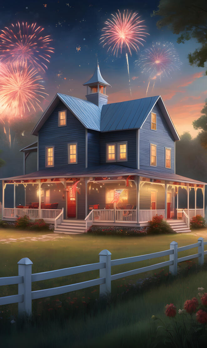 a house with fireworks in the sky