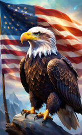 bald eagle on a rock with flag