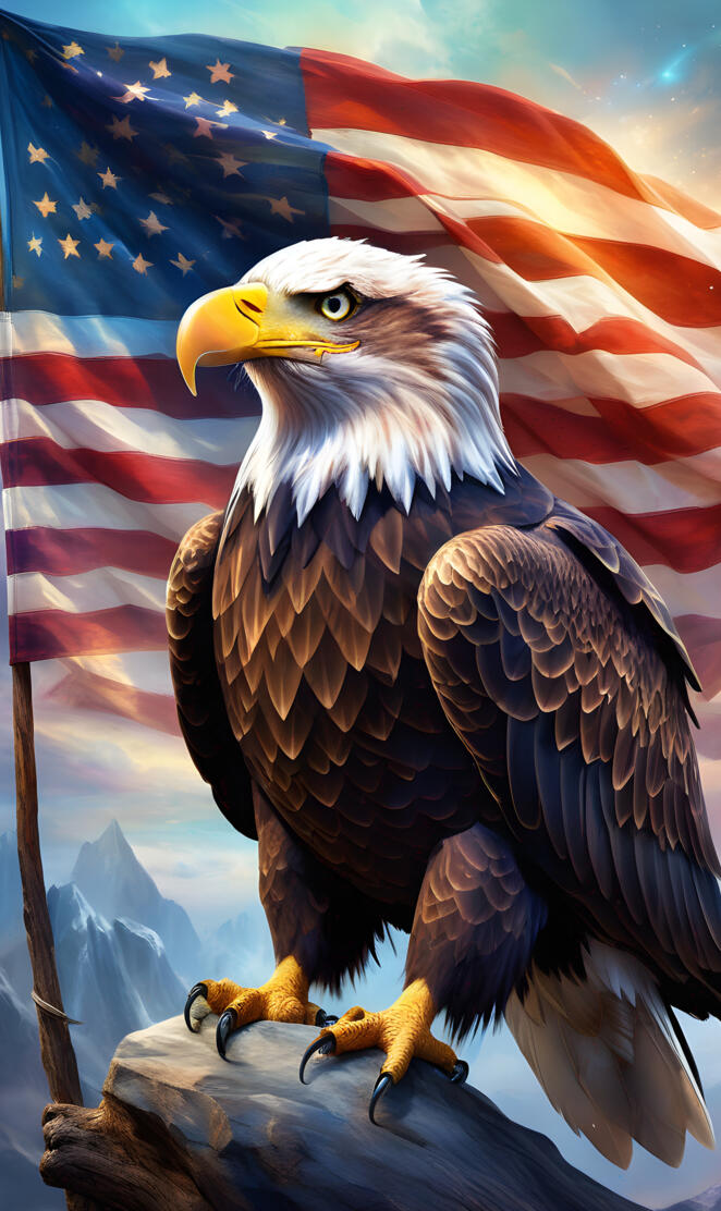 bald eagle on a rock with flag