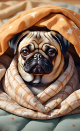 a cute pug wrapped in a blanket