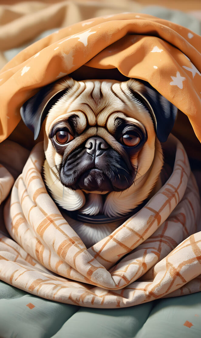 a cute pug wrapped in a blanket