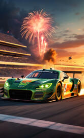 a car on a race track with fireworks in the sky