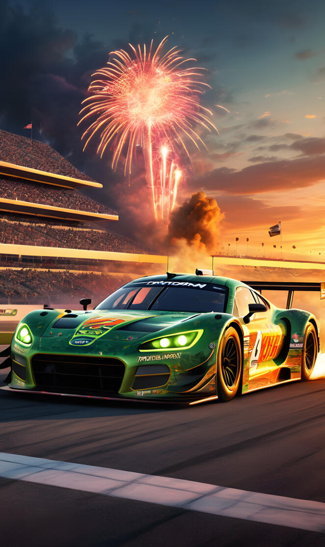 a car on a race track with fireworks in the sky