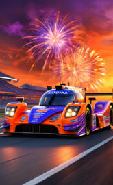 a race car with fireworks in the background