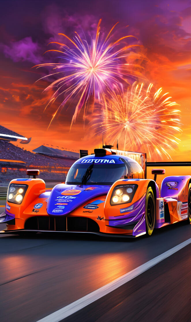 a race car with fireworks in the background