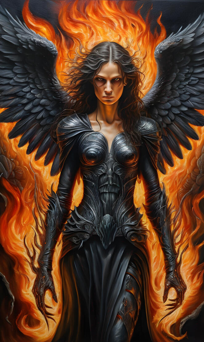 a person with long hair and a black feathered headdress