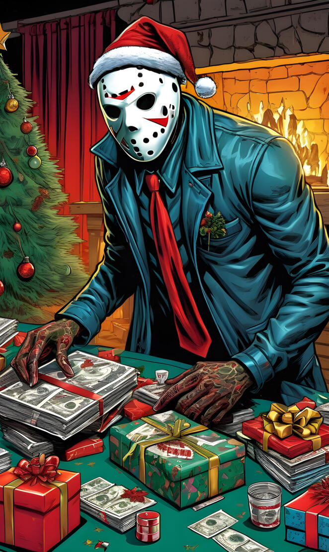Friday the 13th Christmas Jason wraps gifts