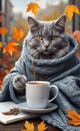 fall grey cat in blanket