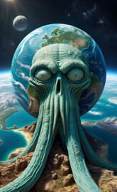Titan sized Squidward wrapping his tentacles around the earth