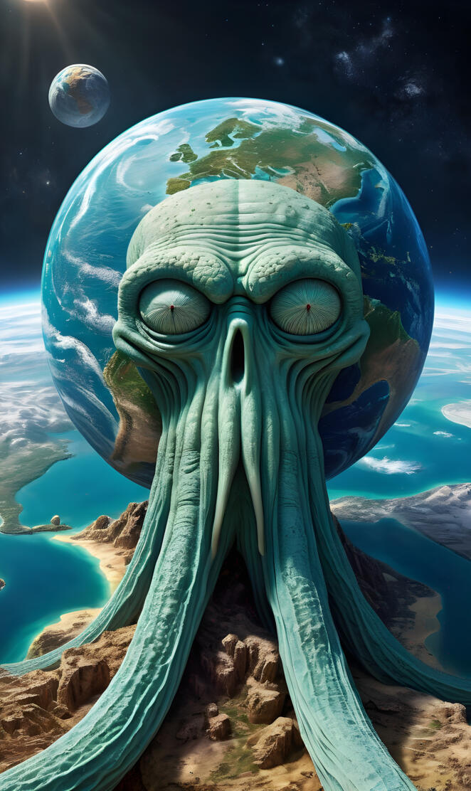 Titan sized Squidward wrapping his tentacles around the earth