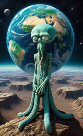 Titan sized Squidward wrapping his tentacles around the earth