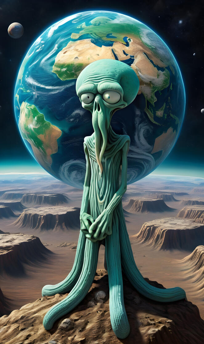 Titan sized Squidward wrapping his tentacles around the earth