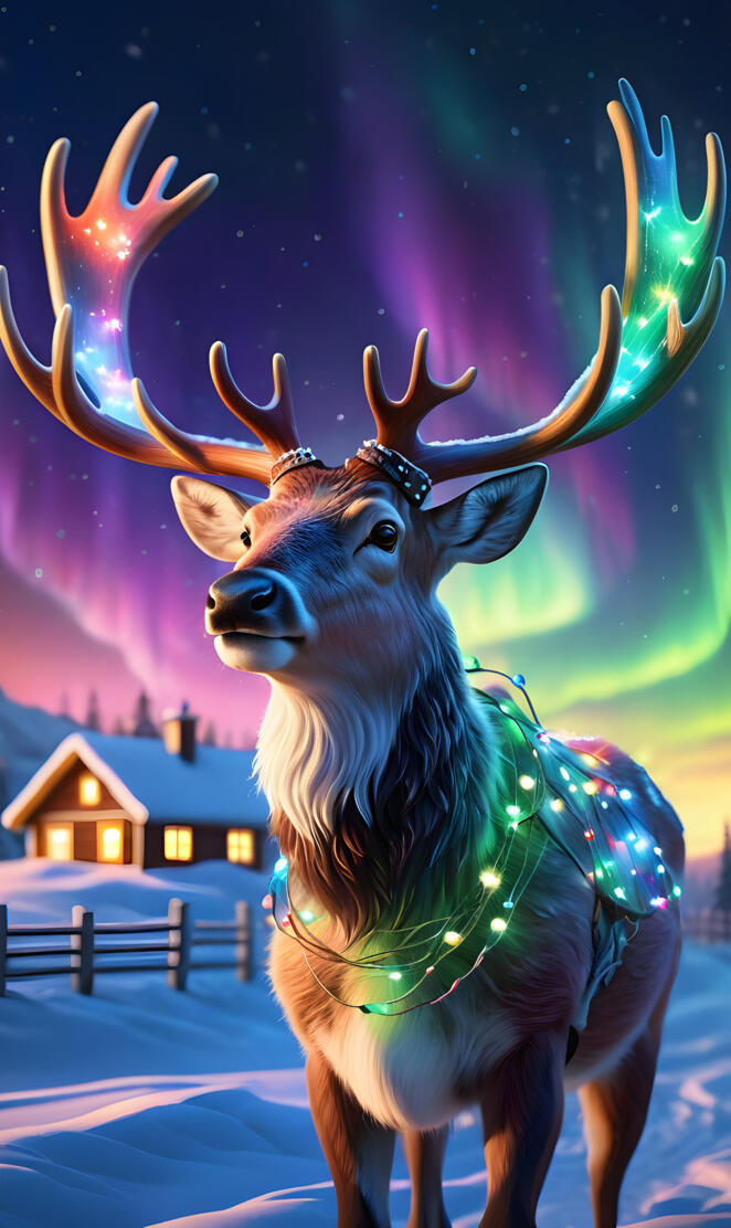 Christmas reindeer under Northern lights