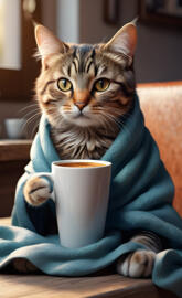 a cat wrapped up in ablanket drinking coffee 8k ultraHD beautifully de