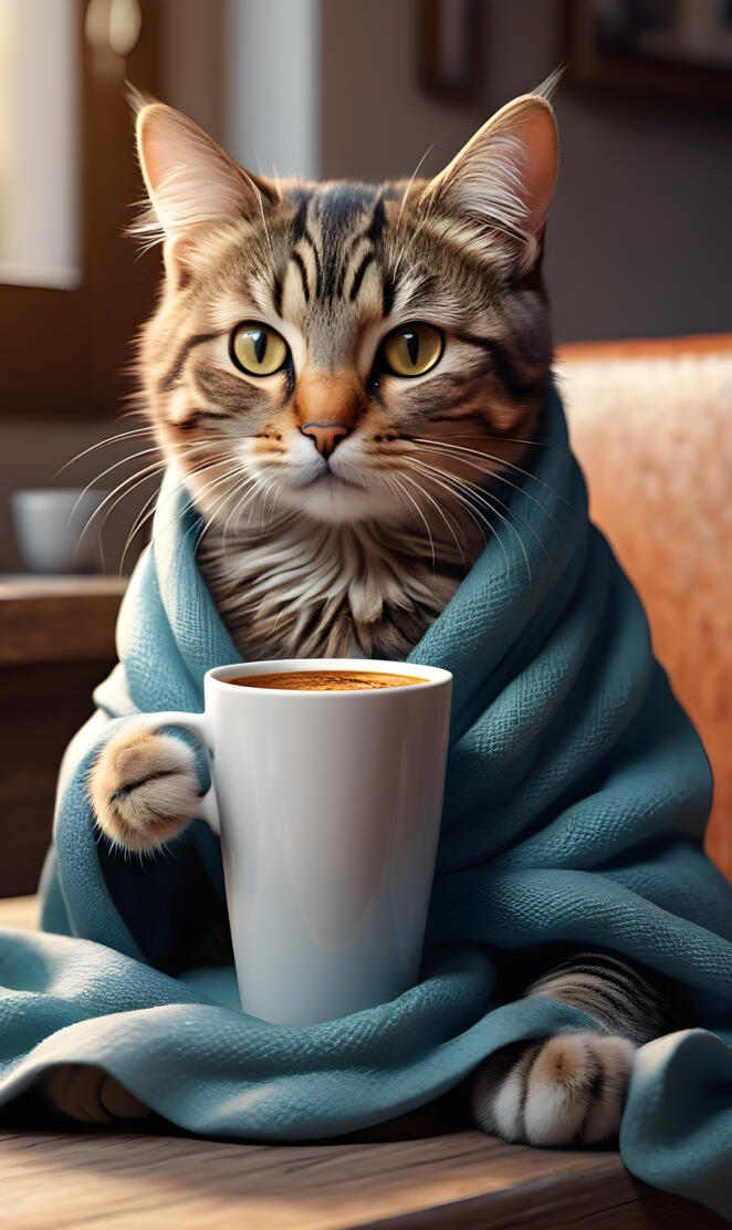 a cat wrapped up in ablanket drinking coffee 8k ultraHD beautifully de