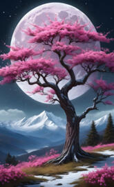 a tree with pink flowers and a mountain in the background