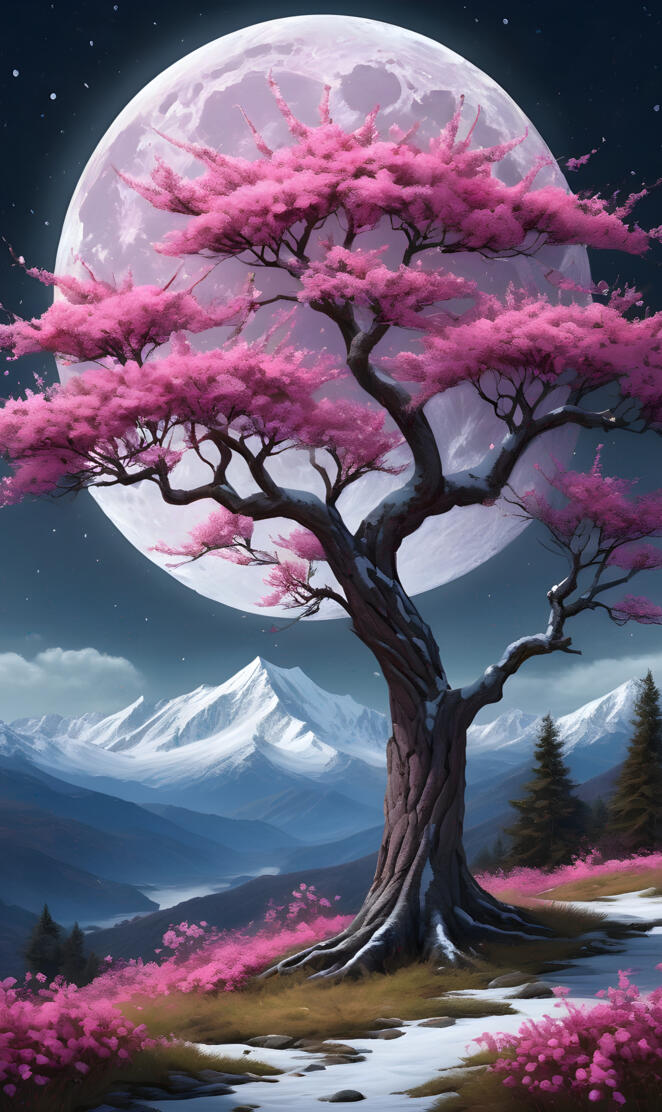 a tree with pink flowers and a mountain in the background