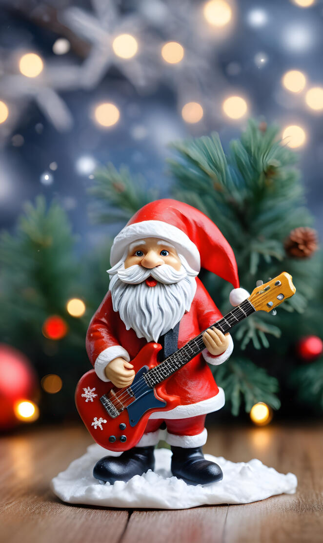 a statue of a santa claus playing a guitar