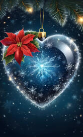 glass heart with snowflakes and poinsettia