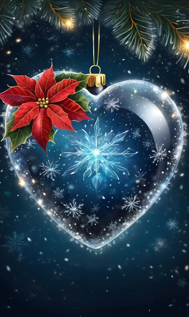glass heart with snowflakes and poinsettia