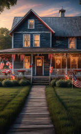 a house with flags on the porch